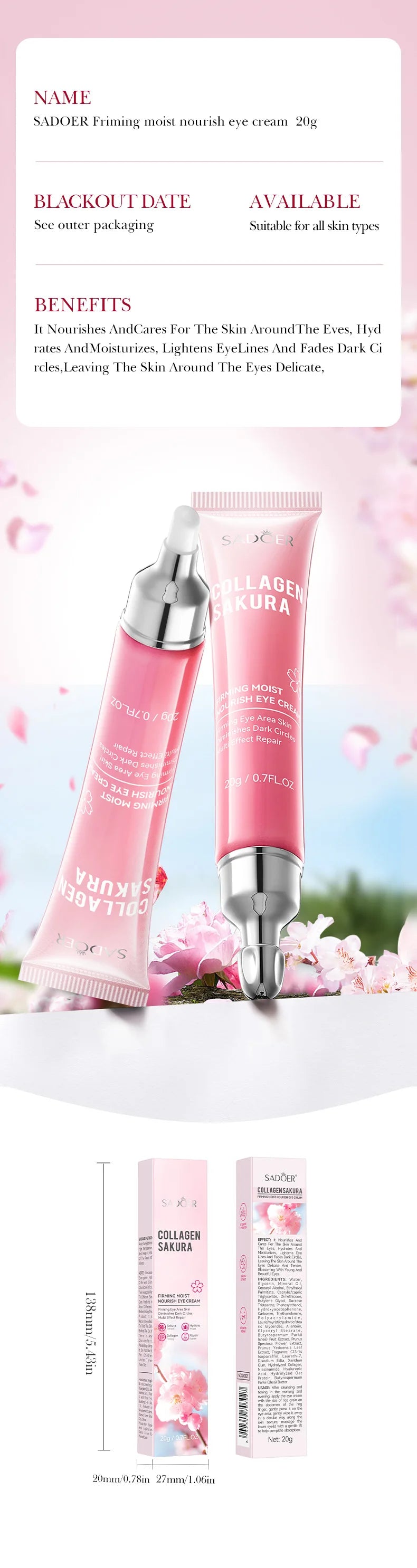 SADOER Sakura Eye Cream Anti Dark Circles Removal Eyes Bags Firming Moisturizing Eye Creams Beauty Eyes Skin Care